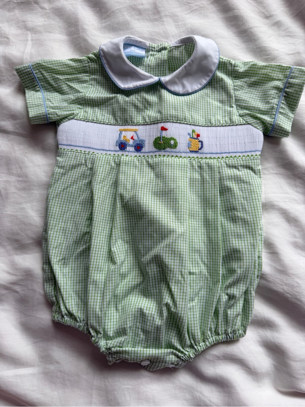 Petit Bebe Smocked Green Plaid with Golf Embroidery Bubble